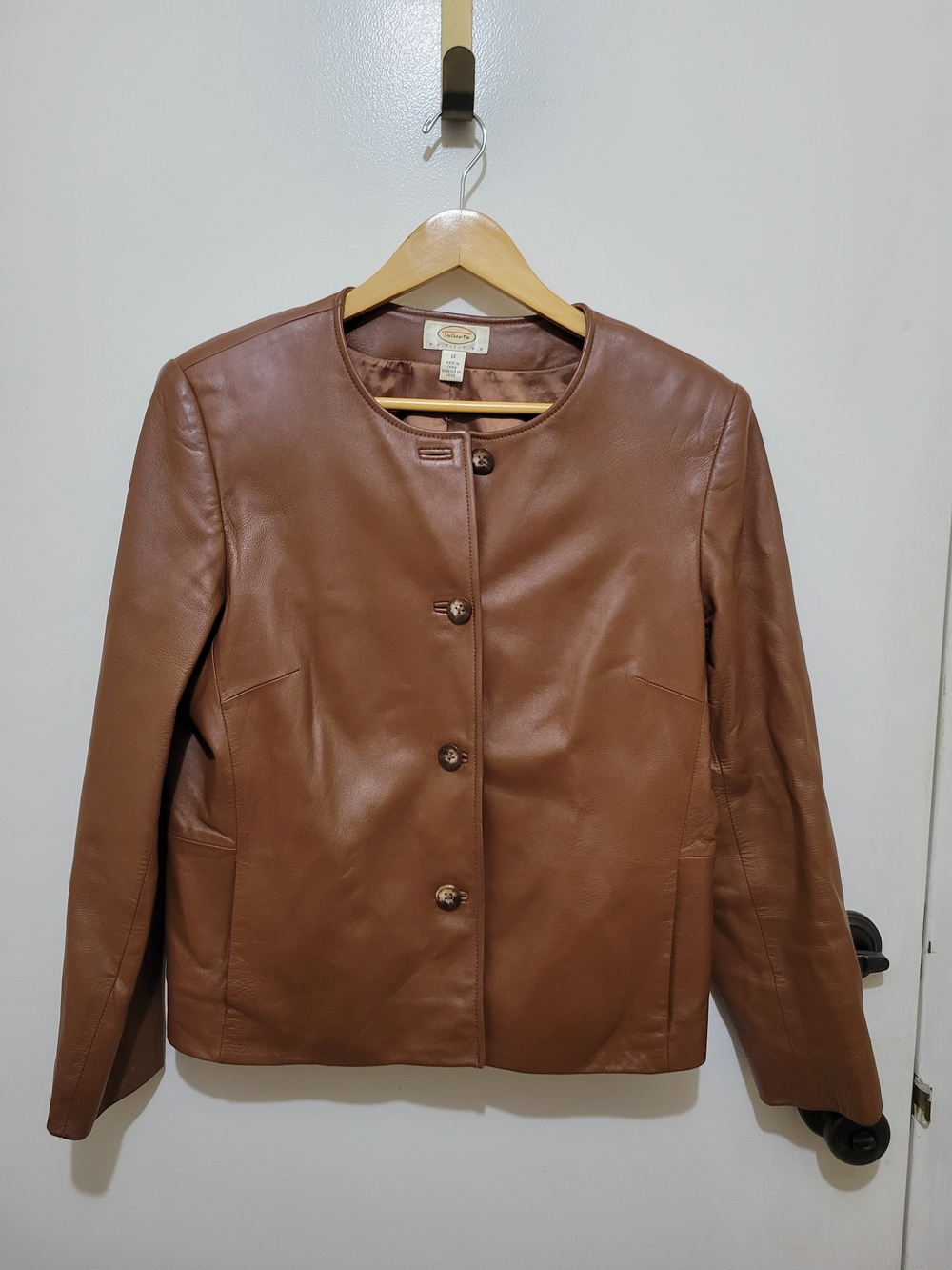 Talbots Brown Collarless Butter Soft Leather Button-Front Jacket - Size 12P